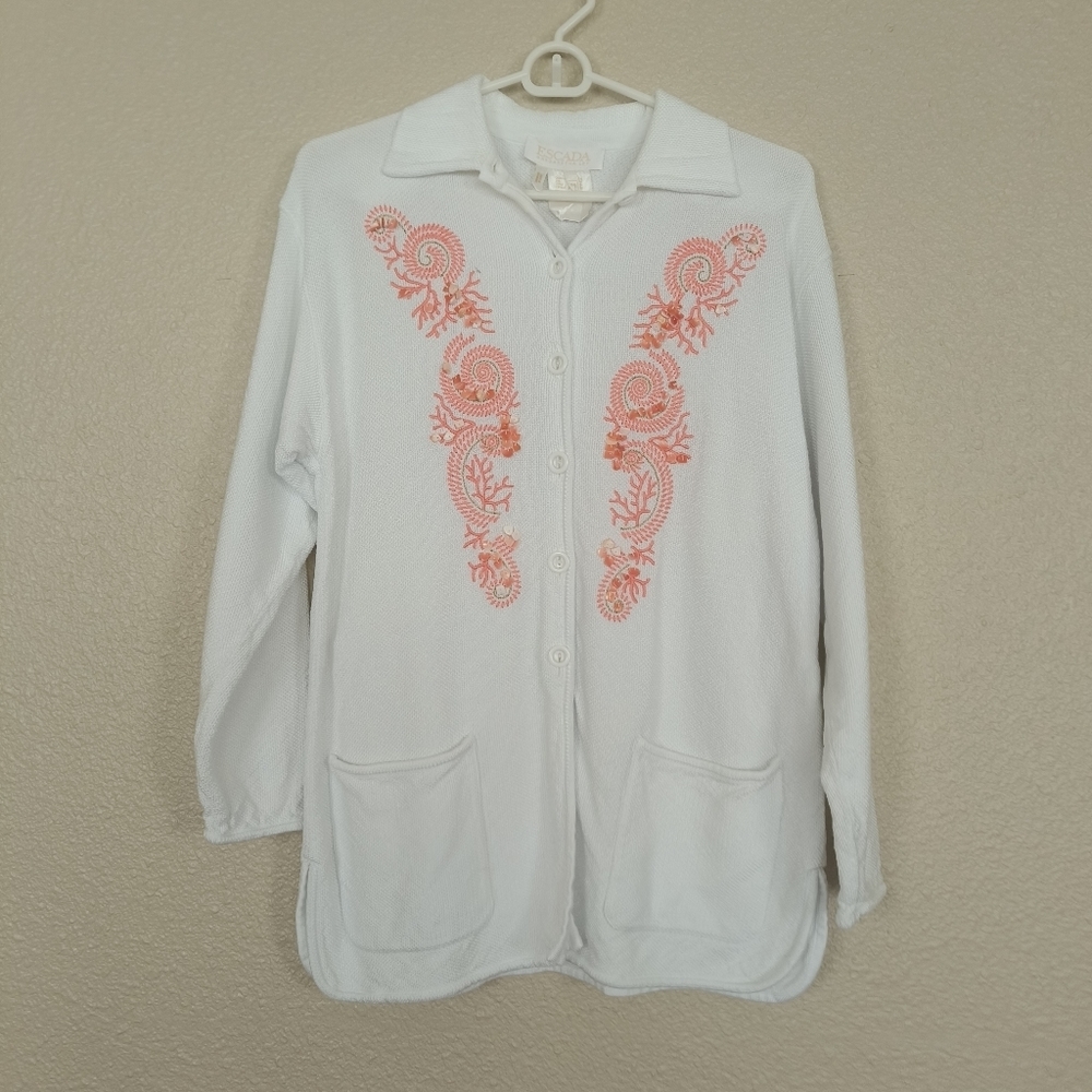 ESCADA Vintage Women's 80s White Coral Embroidered Boho Cotton Jacket size 38 De